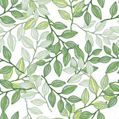 Freehand branches with leaves seamless pattern. Hand drawn organic background. Decorative forest leaf endless wallpaper.