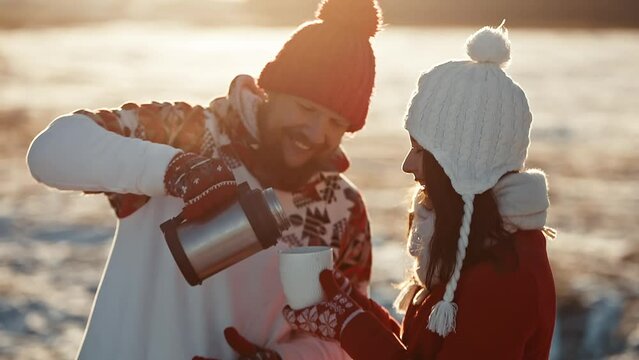 Young couple in love kiss in first snowy winter day and drink hot smoke vapour steaming coffee. Man and woman on date meeting christmas. Happy people smiling. New year and Christmas holiday concept