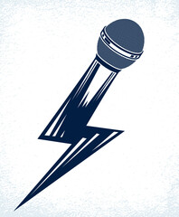 Microphone in a shape of lightning, mic like a bolt, breaking news concept, rap battle rhymes music, karaoke singing or standup comedy, vector logo or illustration. - obrazy, fototapety, plakaty