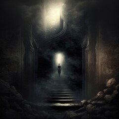 Silhouette of man in dark tunnel. Illustration about depression. Made by AI.