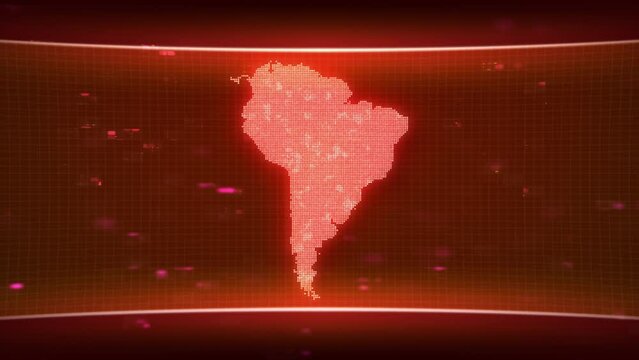 South America map glowing red silhouette outline made of lines dots triangles, low polygonal shapes. Communication, internet technologies concept. Wireframe futuristic design