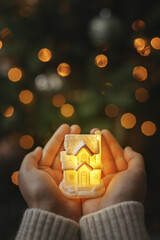 Merry Christmas and Happy Holidays! Little glowing house in hands on background of illuminated christmas tree lights bokeh. Magical time. Cozy home, atmospheric image. Family and safety concept