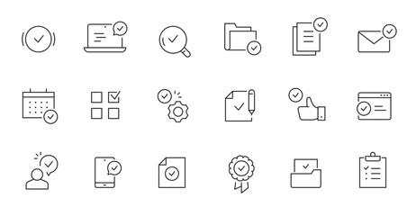 Check mark, quality control line icon. Approve sign, business quarantee mark outline editable stroke icon. Document confirm vector illustration.