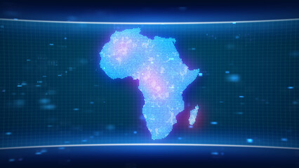 africa map glowing blue silhouette outline made of lines dots triangles, low polygonal shapes. Communication, internet technologies concept. africaWireframe futuristic design