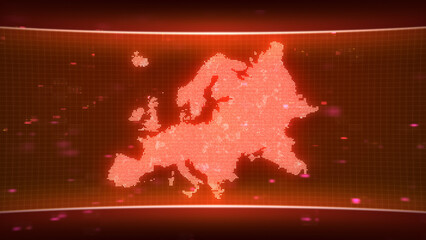 Europe map glowing red silhouette outline made of lines dots triangles, low polygonal shapes. Communication, internet technologies concept. Wireframe futuristic design