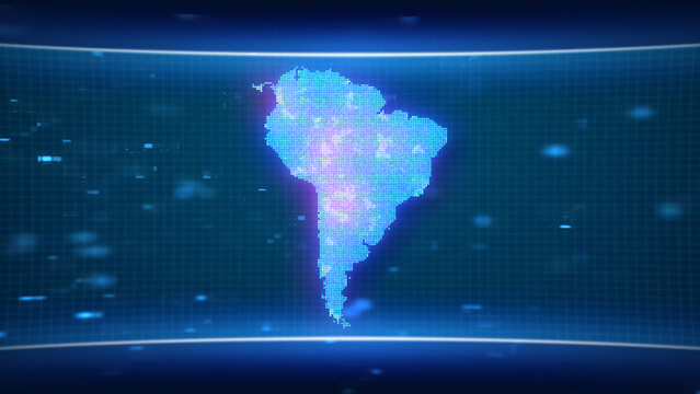 South America map glowing blue silhouette outline made of lines dots triangles, low polygonal shapes. Communication, internet technologies concept. Wireframe futuristic design