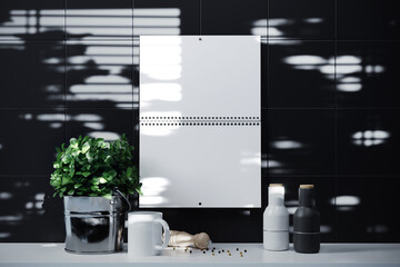 Spiral wall calendar on the kitchen wall mockup. 3D rendering