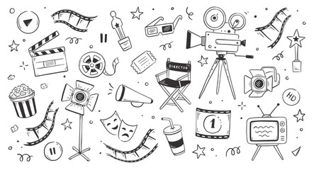 Cinema doodle, movie background. Hand drawn sketch film, cinema element design. Clapperboard, popcorn, film tape doodle vector illustration. © Polina Tomtosova