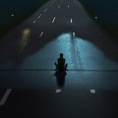 Silhouette of lonely man sitting on the road. Illustration about depression. Made by AI.
