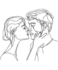 Line art of a man and a woman about to kiss. Continuous line. Graphic art of romantic love. Couple relationship. Happy doodle together. Outline contour of portrait. Illustration of lovers. Minimal.