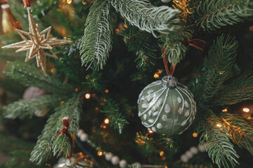 Christmas tree with vintage baubles and golden lights close up. Modern decorated christmas tree...