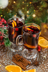 Mulled wine on Christmas background. Selective focus.
