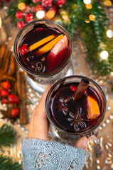 Mulled wine on Christmas background. Selective focus.