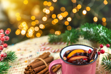 Mulled wine on Christmas background. Selective focus.