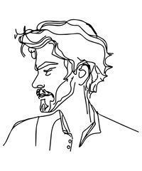 Isolated man. Continuous line, vector art. Linear doodle of minimal simple human contour. Handsome single line design. Creative character on white background. Businessman drawing. Hipster vintage. 