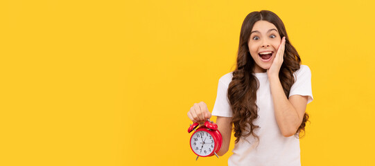 time for shopping sales. good morning. daily schedule. childhood. teen girl checking time. Teenager child with clock alarm, horizontal poster. Banner header, copy space. - obrazy, fototapety, plakaty