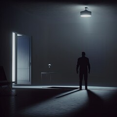 Silhouette of man in dark room. Illustration about depression. Made by AI.