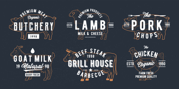 Farm animals logo set. Butchery, Grill, Meat, Dairy logos. Cow, Goat, Chicken, Pig, Lamb silhouettes. Retro print. Vintage poster template. Vector Illustration