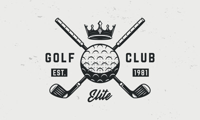 Golf club logo template. Golf logo. Crossed golf clubs with ball and crown isolated on white background. Vector emblem