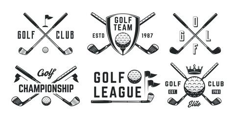 Golf logo set. 6 golf emblems with golf club, ball, crown and flag icons. Hipster Design. Emblem, poster templates. Vector illustration