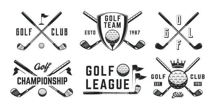 Golf logo set. 6 golf emblems with golf club, ball, crown and flag icons. Hipster Design. Emblem, poster templates. Vector illustration