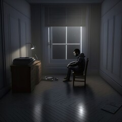 Silhouette of man in dark room. Illustration about depression. Made by AI.