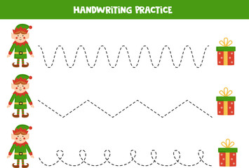 Tracing lines for kids. Cute Christmas elf and presents. Writing practice.