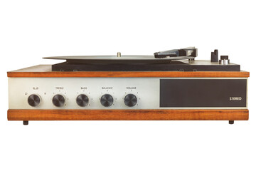 Front view of a vintage turntable with knobs for volume, bass, balance and treble - 547995262