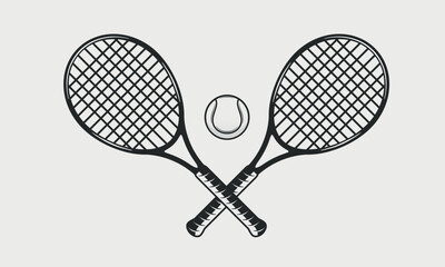 Tennis rackets and ball silhouettes isolated on white background. Crossed Tennis rackets. Vintage design elements for logo, badges, banners, labels. Vector illustration