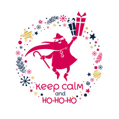 Santa Claus smiling and jumping with gifts packages. Merry Christmas doodle vector illustration. Cartoon greeting card, holiday poster, banner. Circle frame, stars, snowflakes. Keep calm and ho-ho-ho!