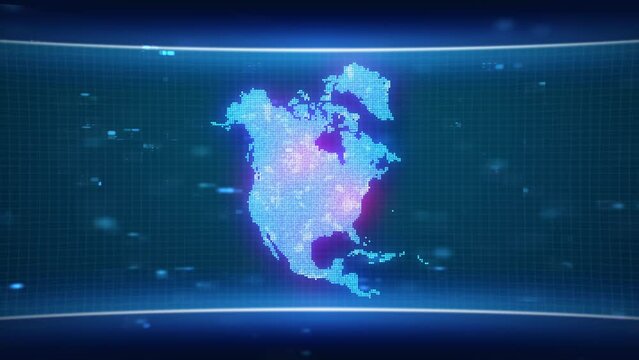 North america map glowing blue silhouette outline made of lines dots triangles, low polygonal shapes. Communication, internet technologies concept. Wireframe futuristic design