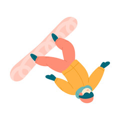 Active man snowboarding. Illustration of snowboarder jumping from mountain in action pose isolated on white. Winter sport