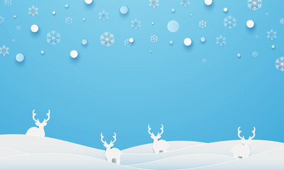 Merry Christmas and happy new year papercut concept. Christmas and with snowflakes, fir trees, stars, deers paper cut concept on blue background. Vector illustration