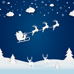 Obraz na płótnie Canvas Merry Christmas and happy new year papercut concept. Christmas and with Santa's sleigh flying, snowflakes, fir trees, stars, deers paper cut concept on blue background. Vector illustration