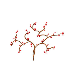 A drawn twig with red small berries. Twig element.