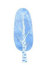 Winter tree watercolor clipart. Illustration of a deciduous birch in the snow. A plant for the winter landscape of the park and forest. Isolated image of a blue tree, hand-painted