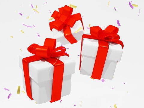 3D rendering,concept of celebration , white gift boxes tied with red bow and sprinkled with gold ribbon. on white background with copy space for text.