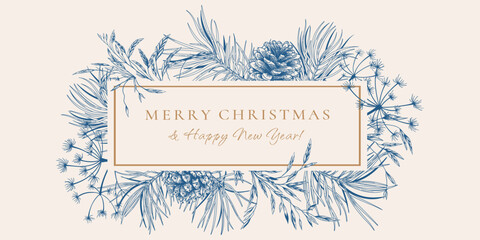 Christmas border with rectangle frame with pines branches and cones. Winter background with dried grasses. Vector illustration. Blue and White. Sketch.