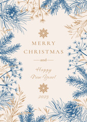 Christmas frame with fir and pine branches and cones. Vintage card with dried grasses.  Botanical vector illustration. Blue and Golden. Sketch.