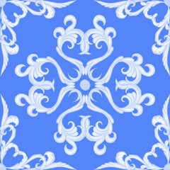 Fototapeta na wymiar Majolica seamless pattern. Sicilian hand drawn blue ornament. Traditional blue and white ceramic tiles. Portuguese traditional azulejo pattern. Moroccan style..