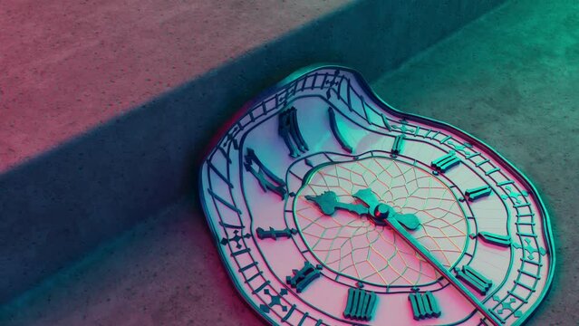 A surreal concept showing an antique tower clock made of a concrete, gold and iron melting and draping down  a concrete stair in bright lighting