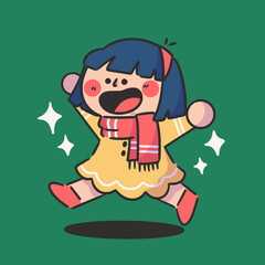 happy girl running winter fashion collection 6 character doodle element