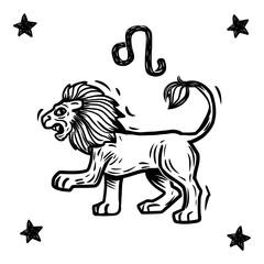 Zodiac signs in woodcut style. Lion