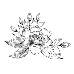 Flower arrangement. Hand drawing. For wedding decor, holiday invitations, backgrounds, as clipart or coloring