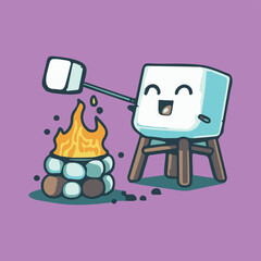 Marshmallow grilling a marshmallow. Fun cartoon vector of cute doodle illustration camping and eating next to a campfire. Funny cute vector art.