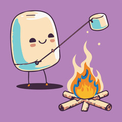 Marshmallow grilling a marshmallow. Fun cartoon vector of cute doodle illustration camping and eating next to a campfire. Funny cute vector art.