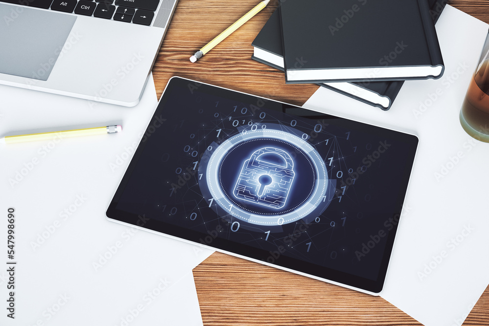 Poster Creative lock sketch with chip hologram on modern digital tablet screen, protection of personal data concept. Top view. 3D Rendering