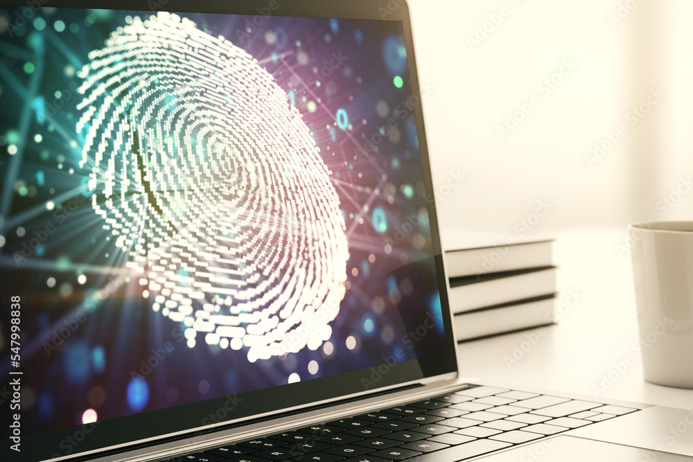 Aufkleber Modern computer display with abstract graphic fingerprint sketch, fingerprint scan data concept. 3D Rendering