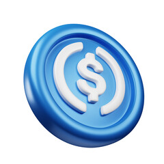USD Coin or USDC Blue coin 3d rendering tilted right view  cryptocurrency illustration cartoon style, good use for blockchain or cryptocurrency design theme