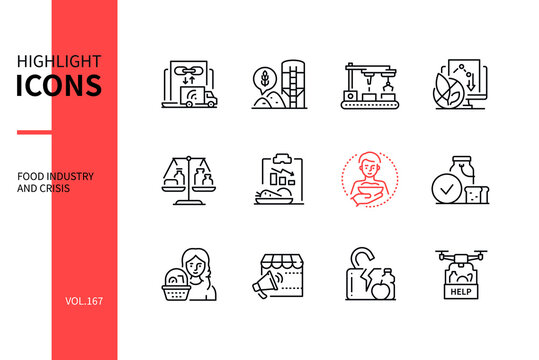 Food industry and crisis - modern line design style icons set